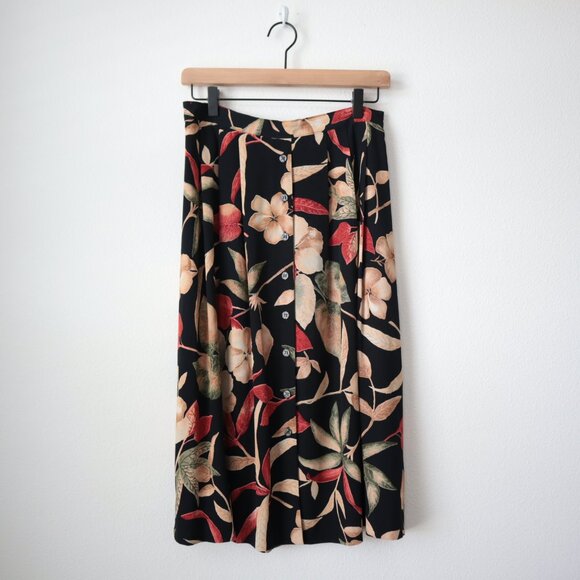 Retro Button Front Floral Midi Skirt | 10P - Picture 1 of 4